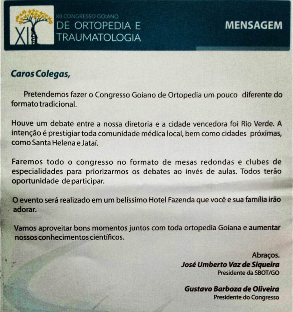 Mensagem do presidente do Congresso Goiano de Ortopedia, Dr. Gustavo Barboza